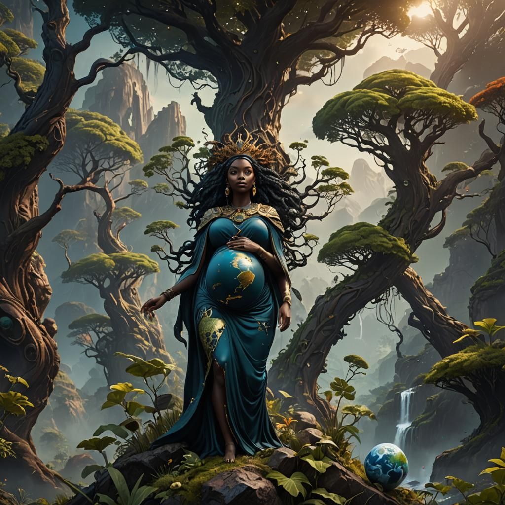 Ebony Pregnant Mother Earth in Detailed Matte Painting