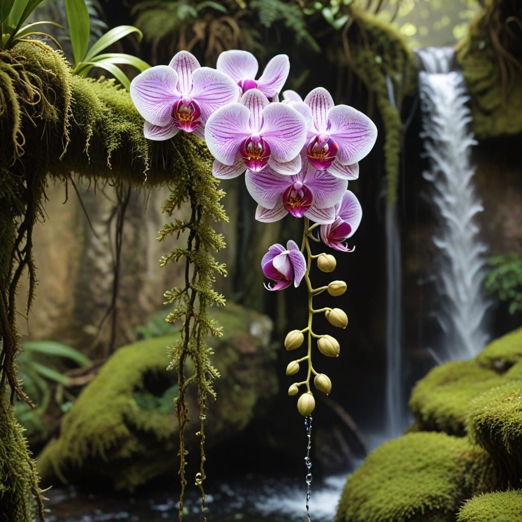 Orchid and Mossy Branch Overhanging Waterfall