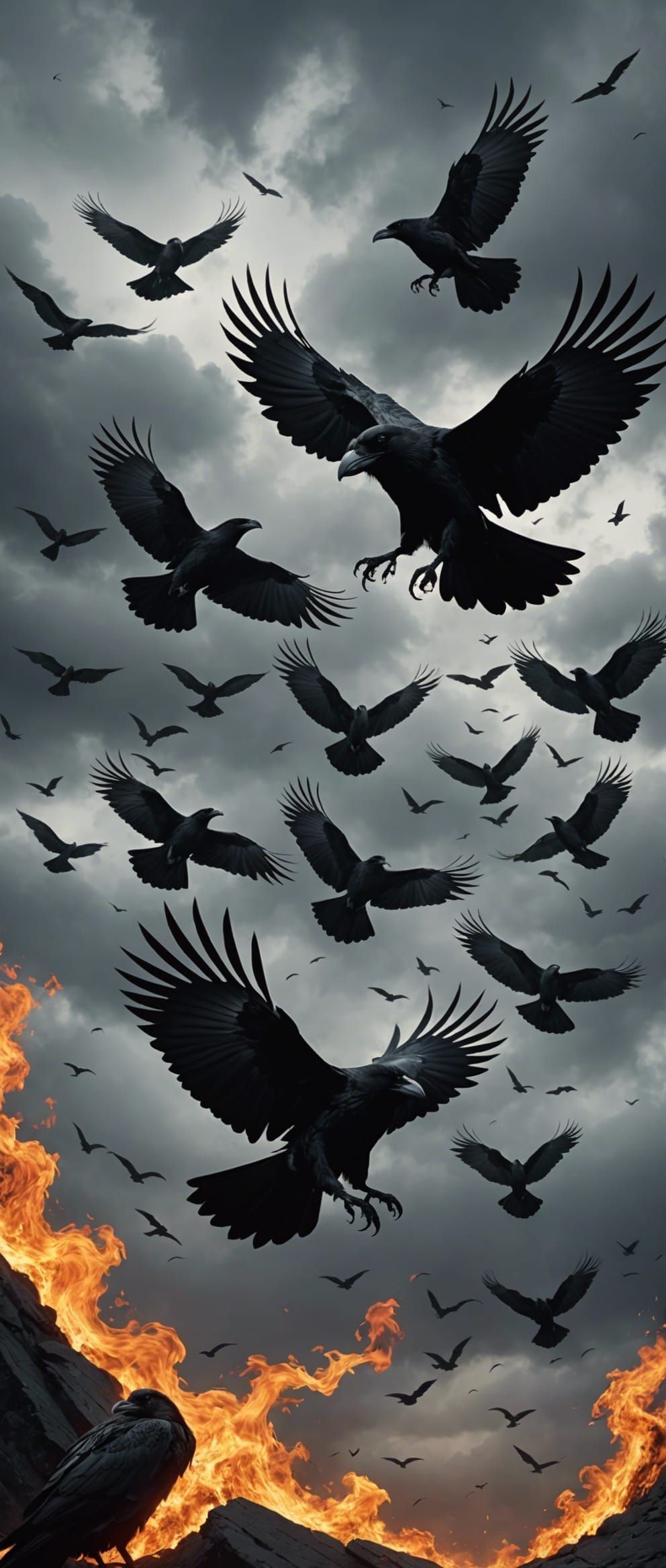 Flaming Ravens Light Up the Grey Sky
