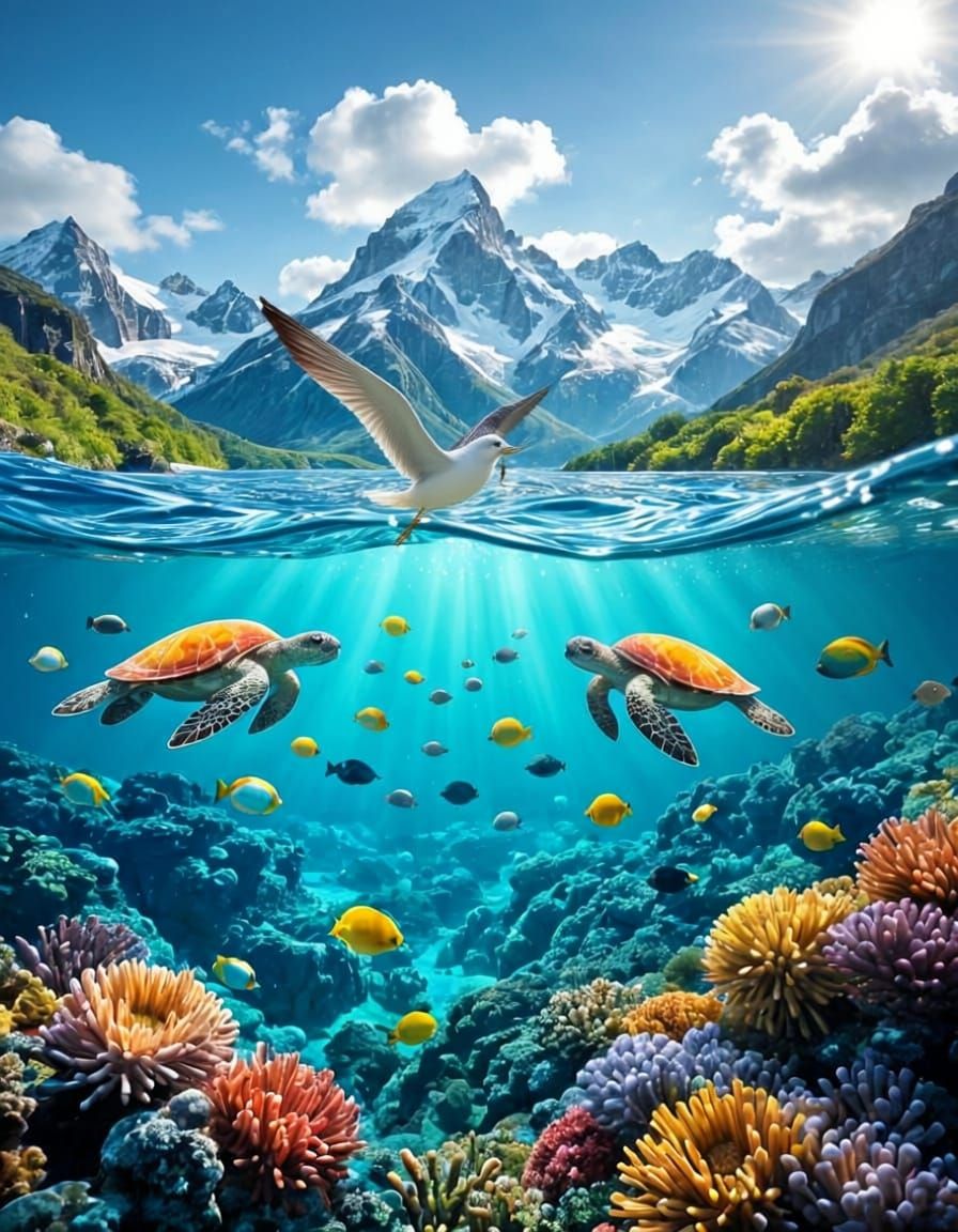 Stunning 3D Landscape: Mountains, Gardens, and Coral Reefs