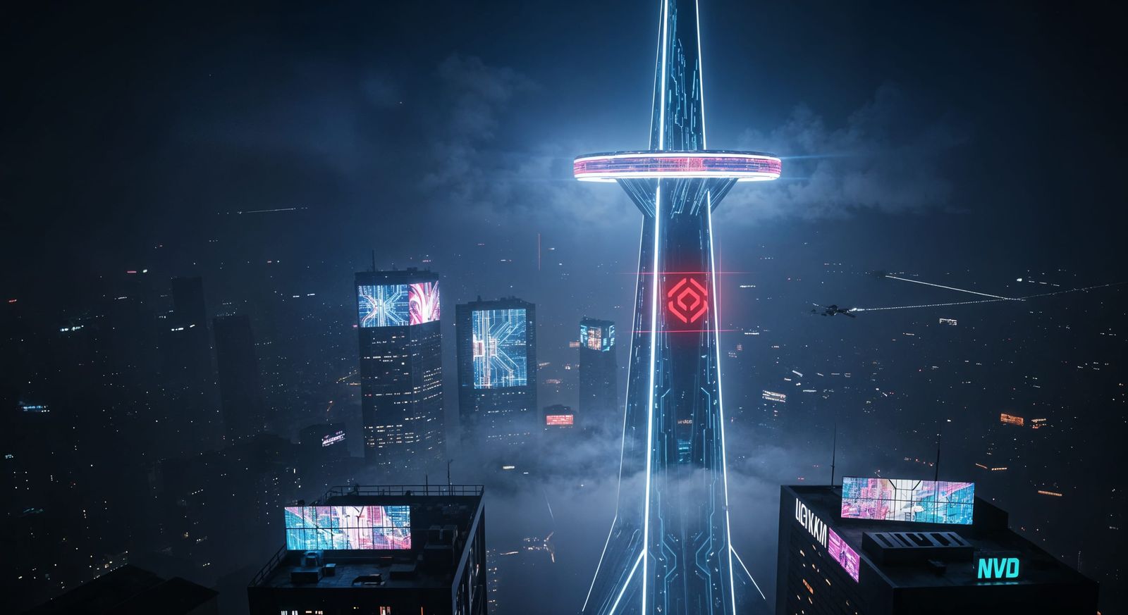 Cyberpunk Spire Above Smog-Choked Metropolis