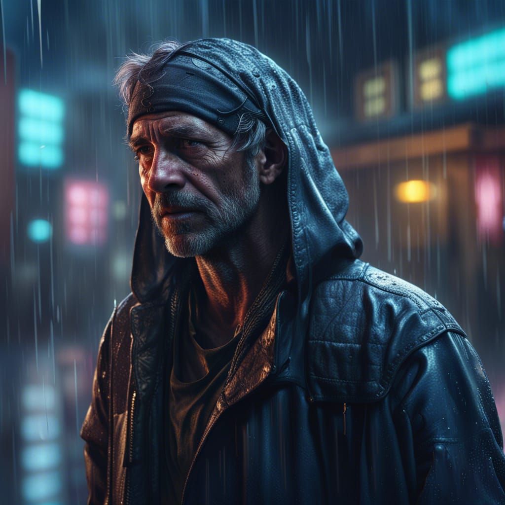 Cyberpunk Dystopia: Homeless Man in the Rain