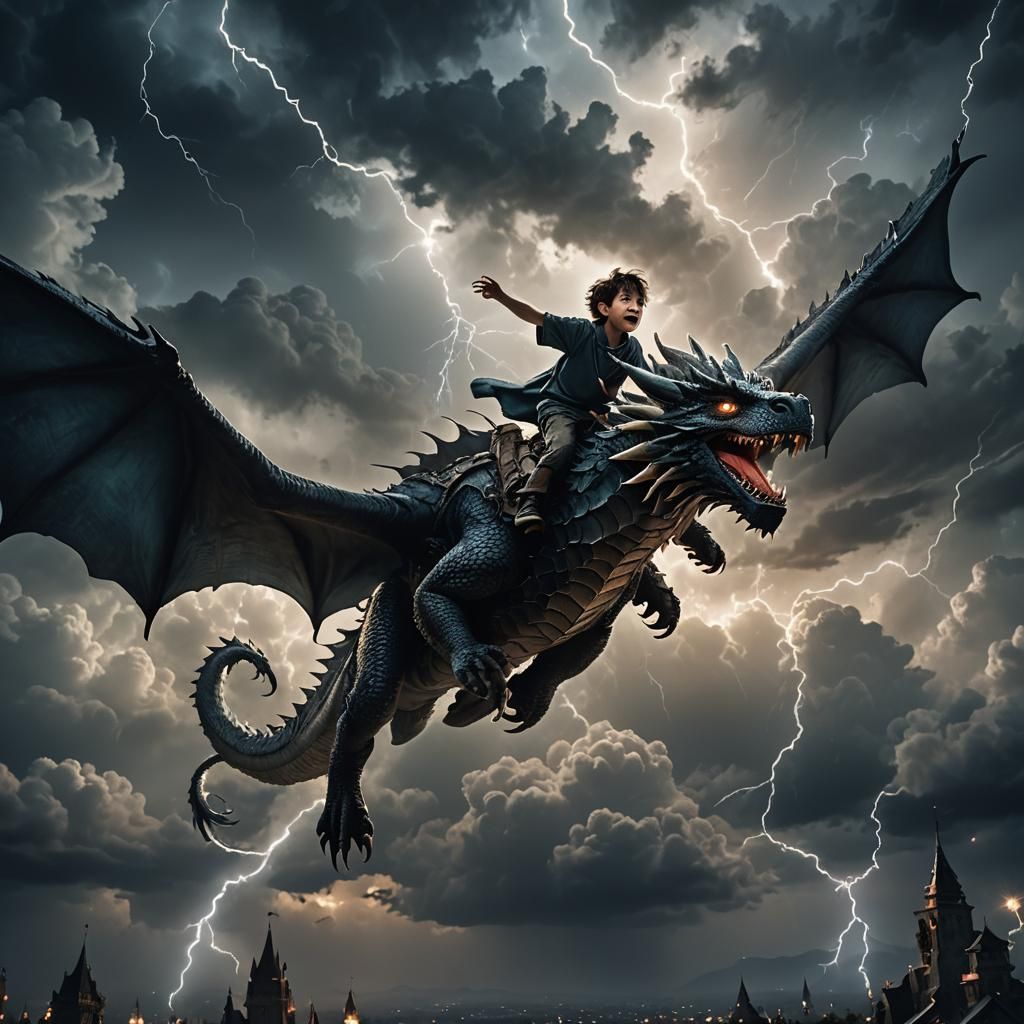 Boy Rides Dragon in Dark Fantasy Landscape