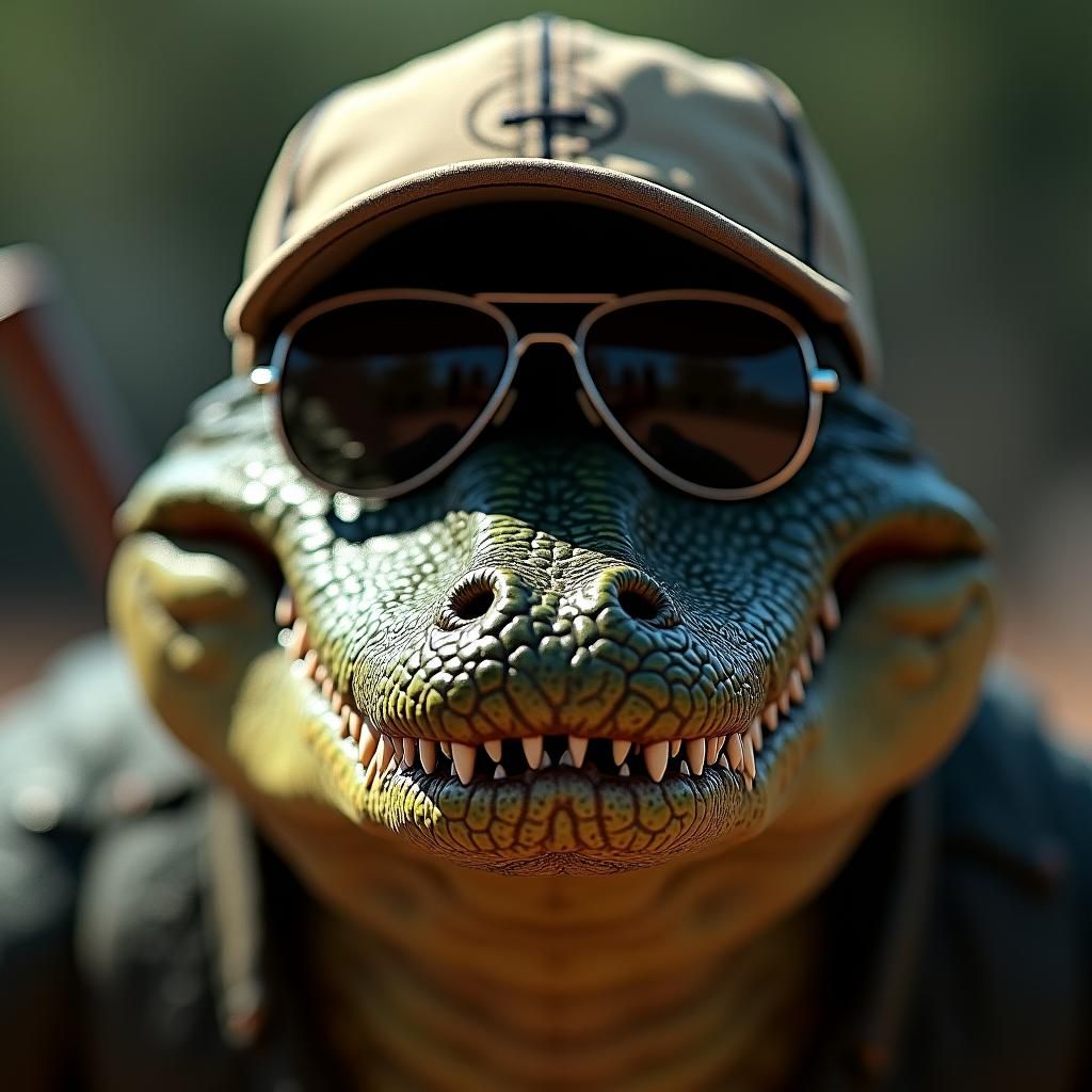 Alligator Portrait with Baseball Bat and Shotgun