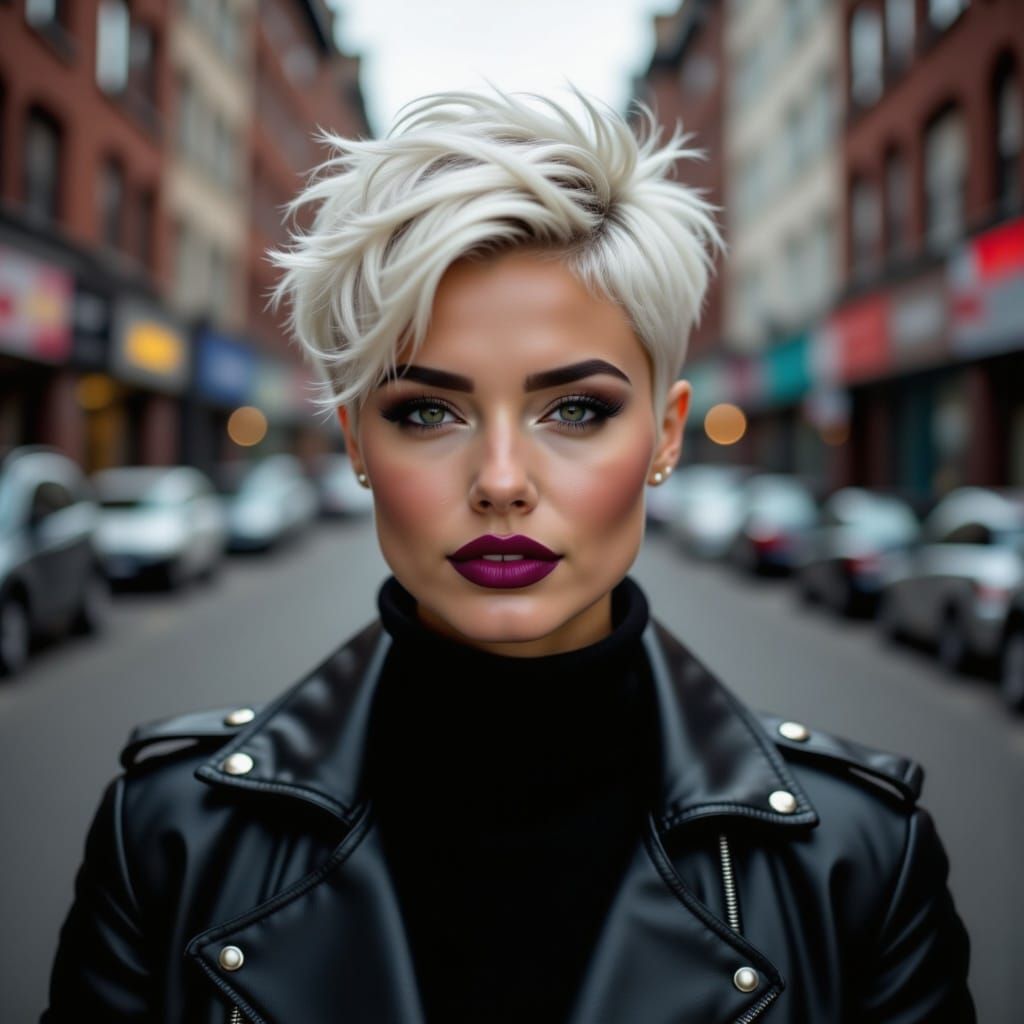 Woman in Black Leather Jacket and Pixie Cut
