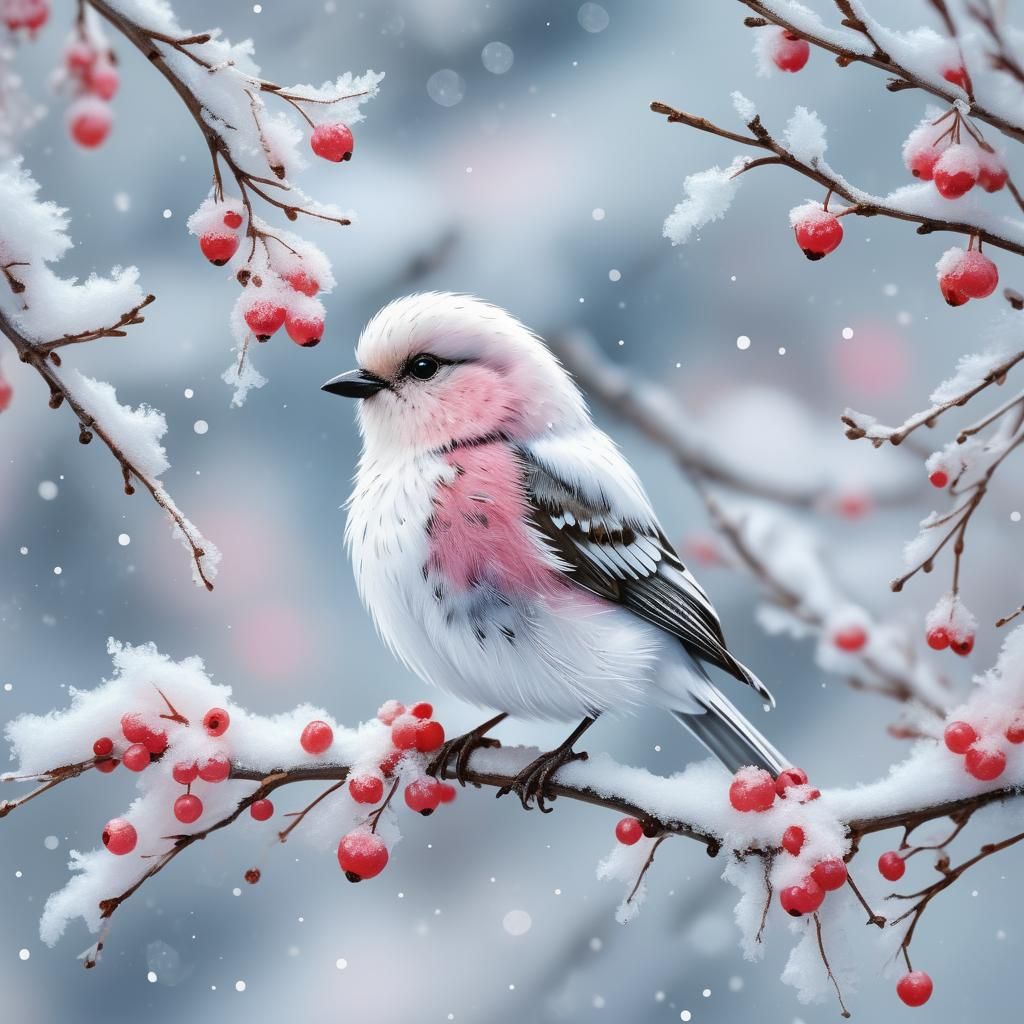 White Bird on Snowy Branch with Berries