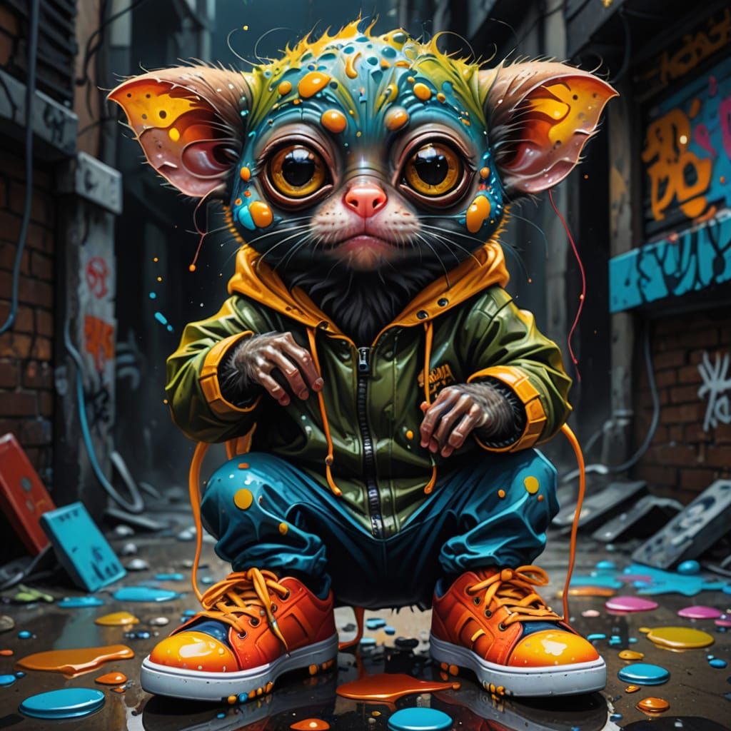 Surreal Graffiti Tarsier in Vibrant Polychromatic Colors