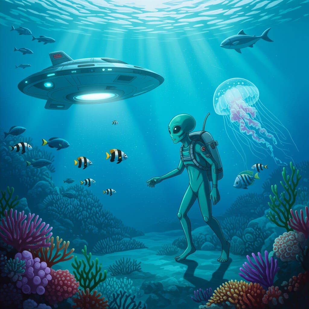 Alien Explores Underwater World with Spaceship and Jellyfish