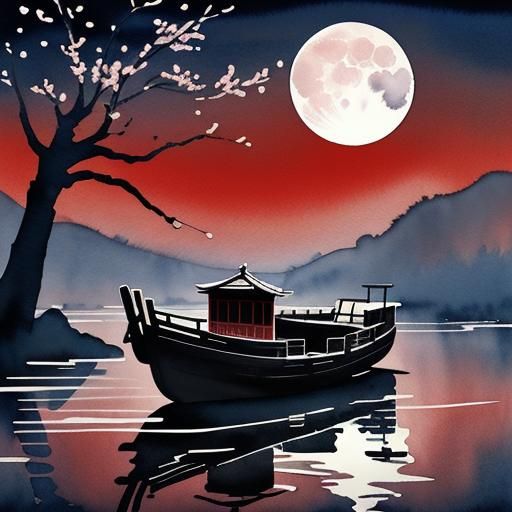 Lunar New Year River Scene in Watercolor Style
