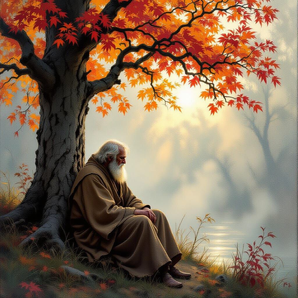 Elderly Man by Ancient Tree in Crimson Forest