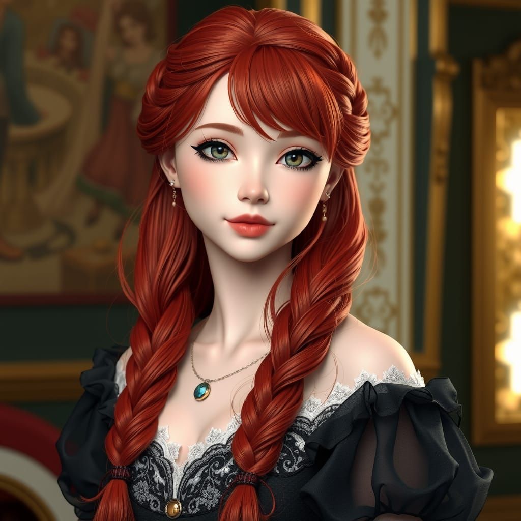 Red-Haired Maiden in Black Gown: 3D Anime Art