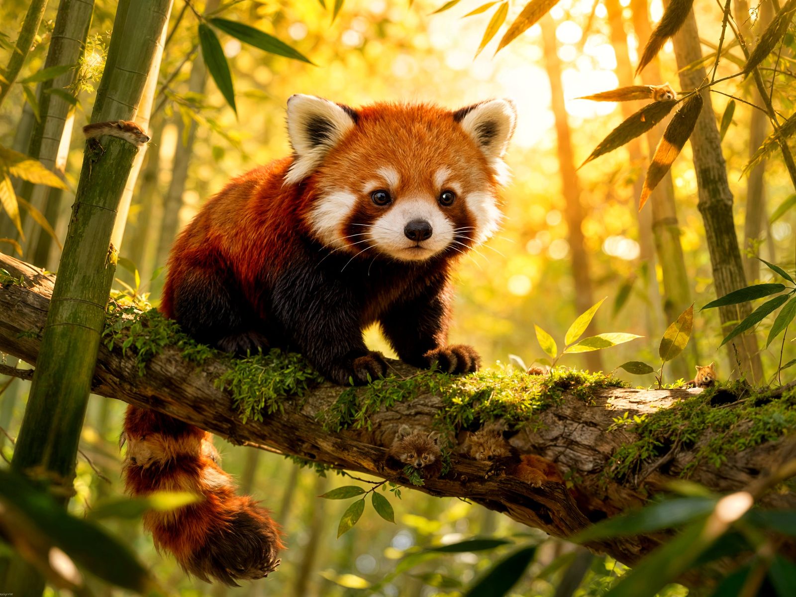 Red Panda on Mossy Branch in Bamboo Forest