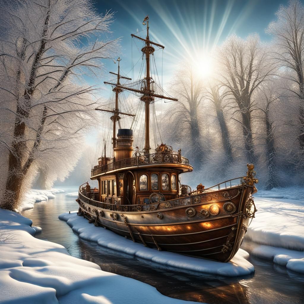 Steampunk Boat Drifts Through Frozen Magical Landscape