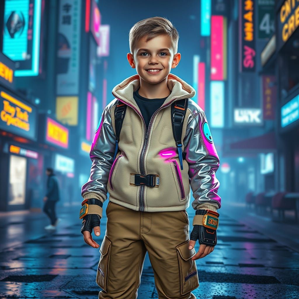 Cyberpunk Young Adventurer in Futuristic Urban Landscape