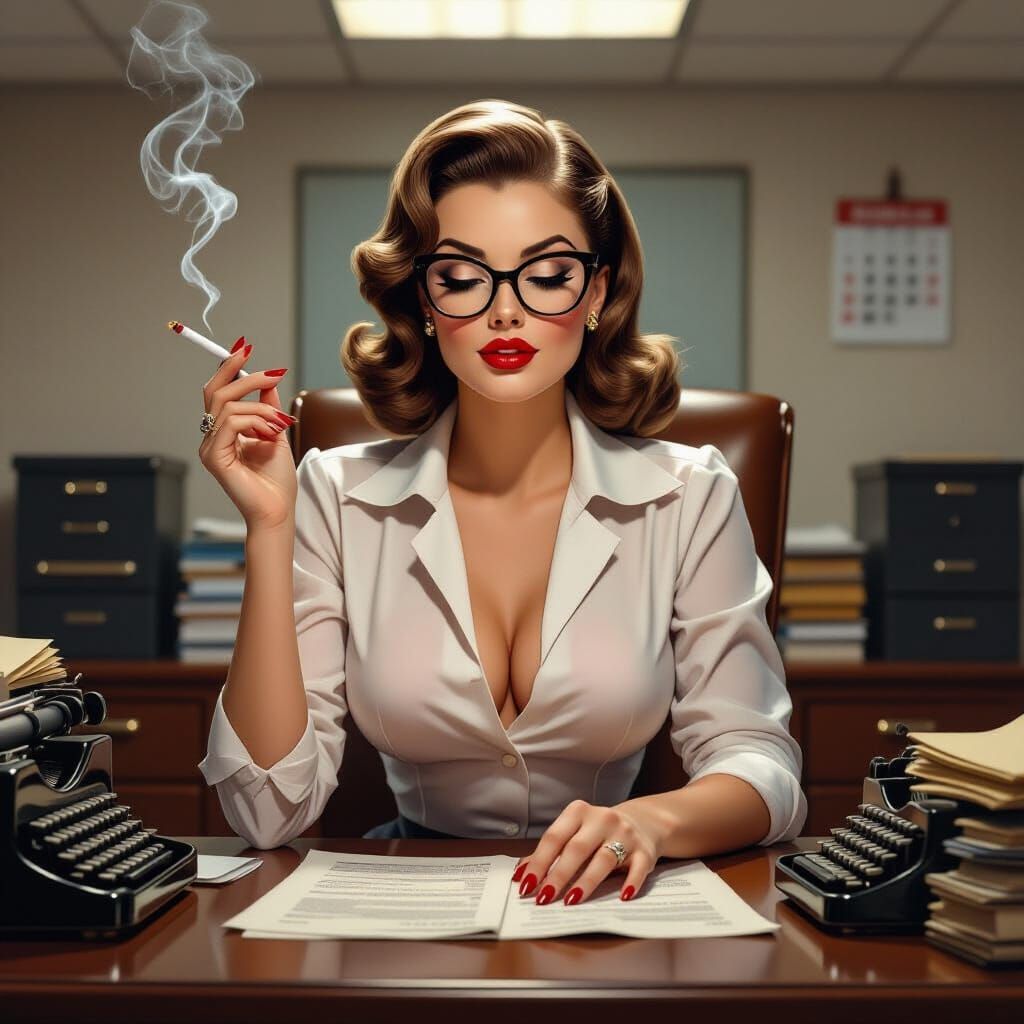 1950s Pin-Up Secretary with Cat-Eye Glasses at Desk