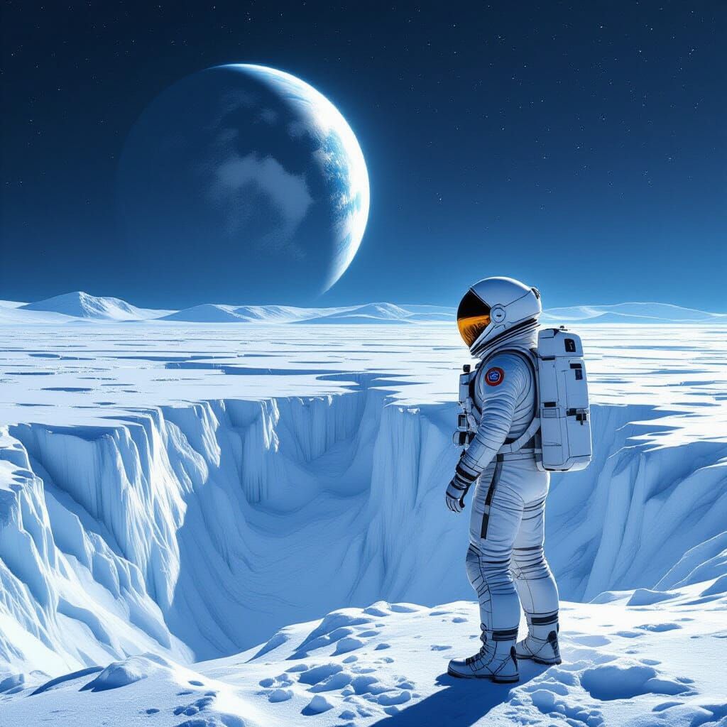 Astronaut on Frozen Moon with Earthrise, Sci-Fi Art