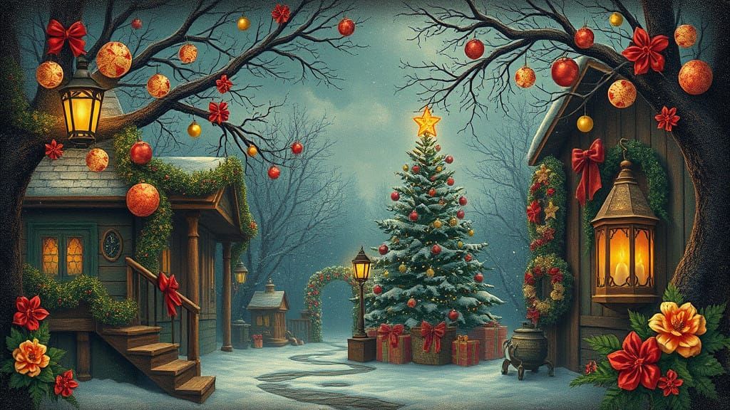 Surreal Vintage Christmas Scene in Whimsical Floral Style