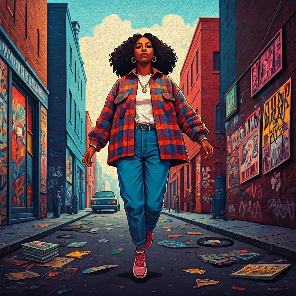 Black Woman Floats Through 90s Urban Scene