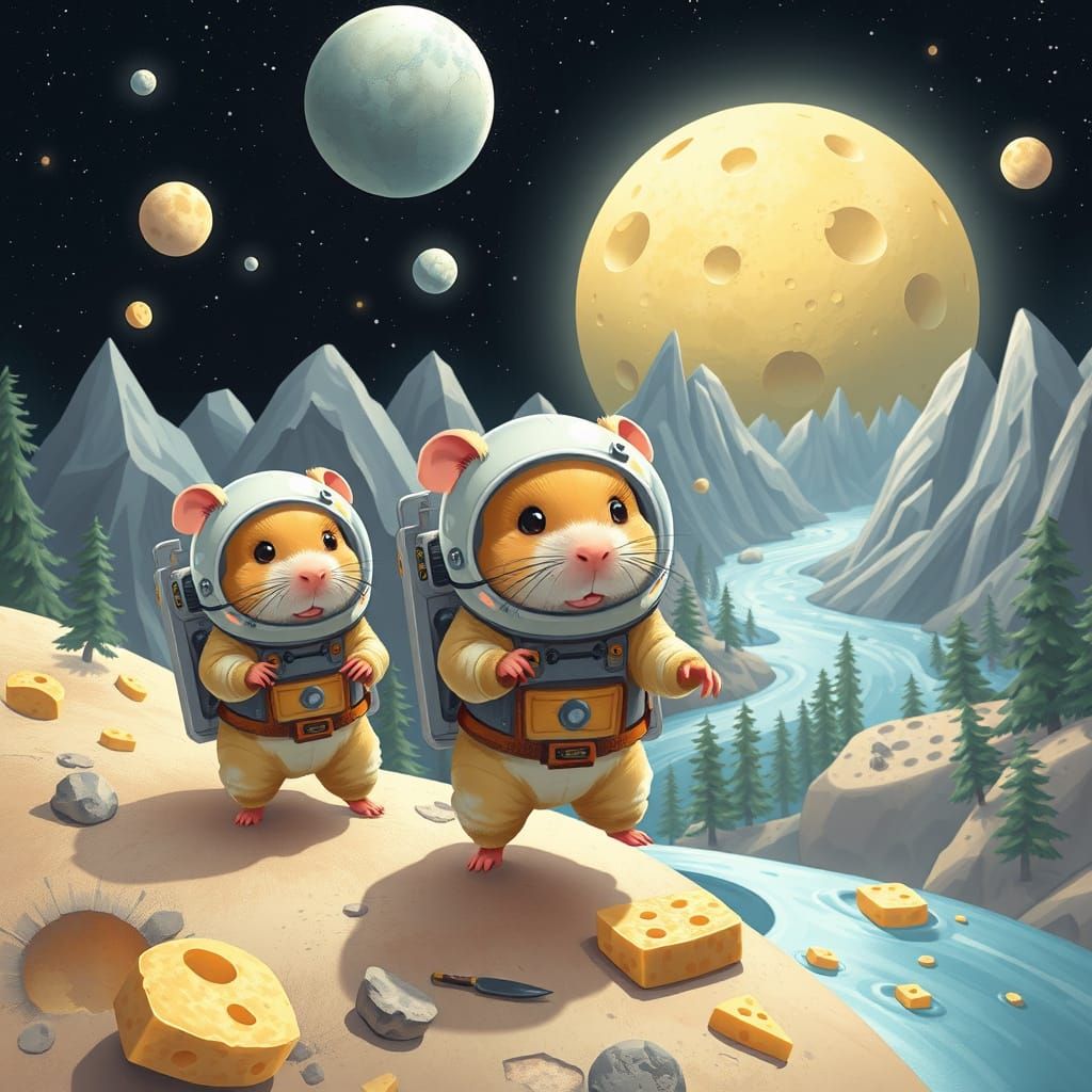Hamster Astronauts Discover Cheese Planet in Whimsical Style