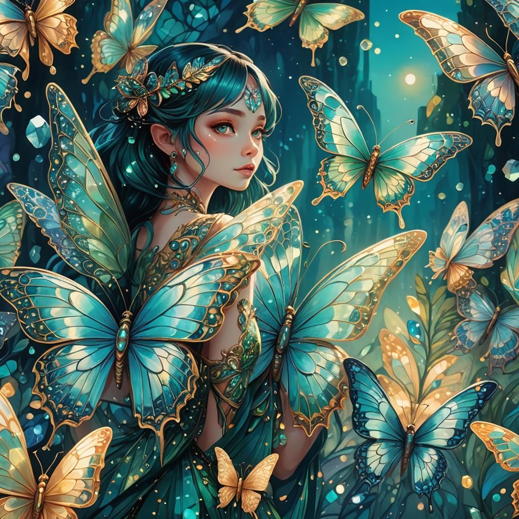 Mythical Butterfly in Turquoise Sky, Digital Art