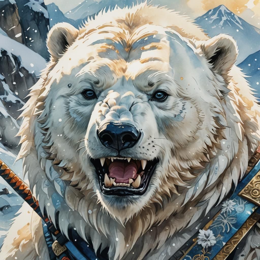 Anime Samurai Polar Bear Portrait in Watercolor