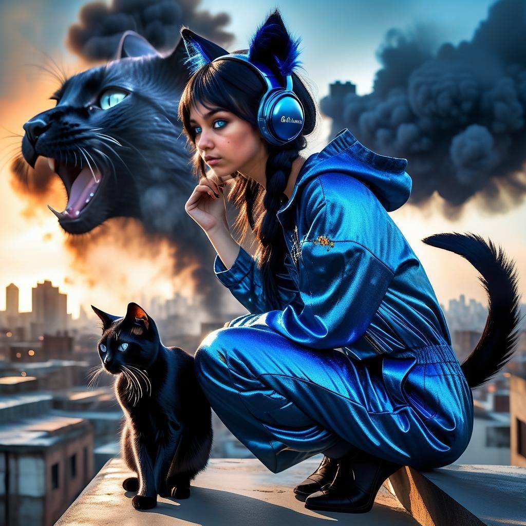 Hyperrealistic Catgirl Overlooking Burning City