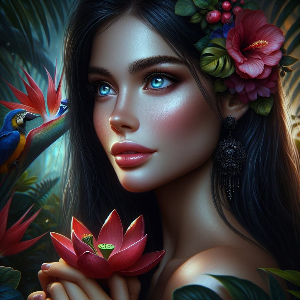 Portrait of a young, light-skinned woman with long, dark hai...