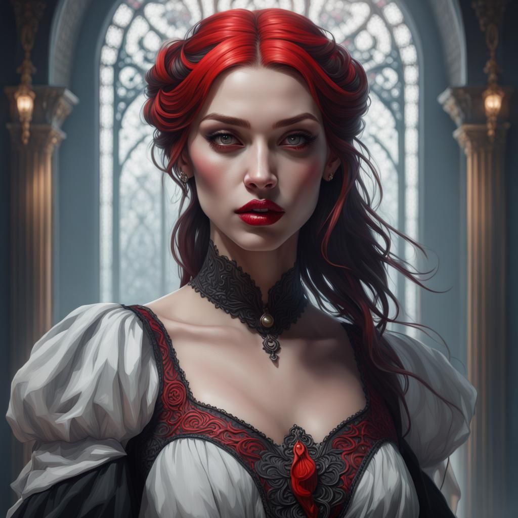 Gothic Woman Portrait with Red Lips in Concept Art Style