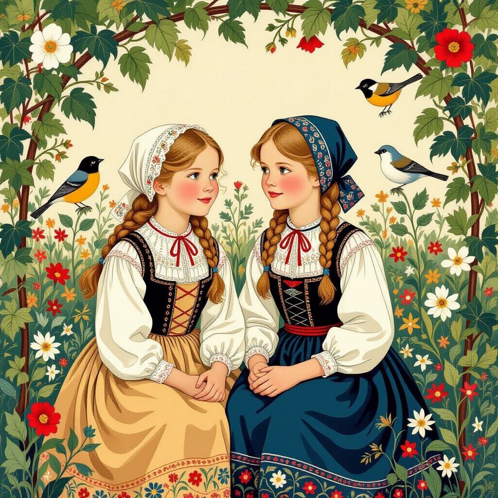 Swedish Girls with Flowers in Whimsical Style