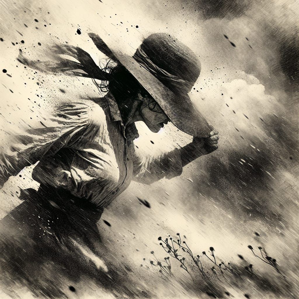 South Asian Woman Battles Wind in Moody Film Style