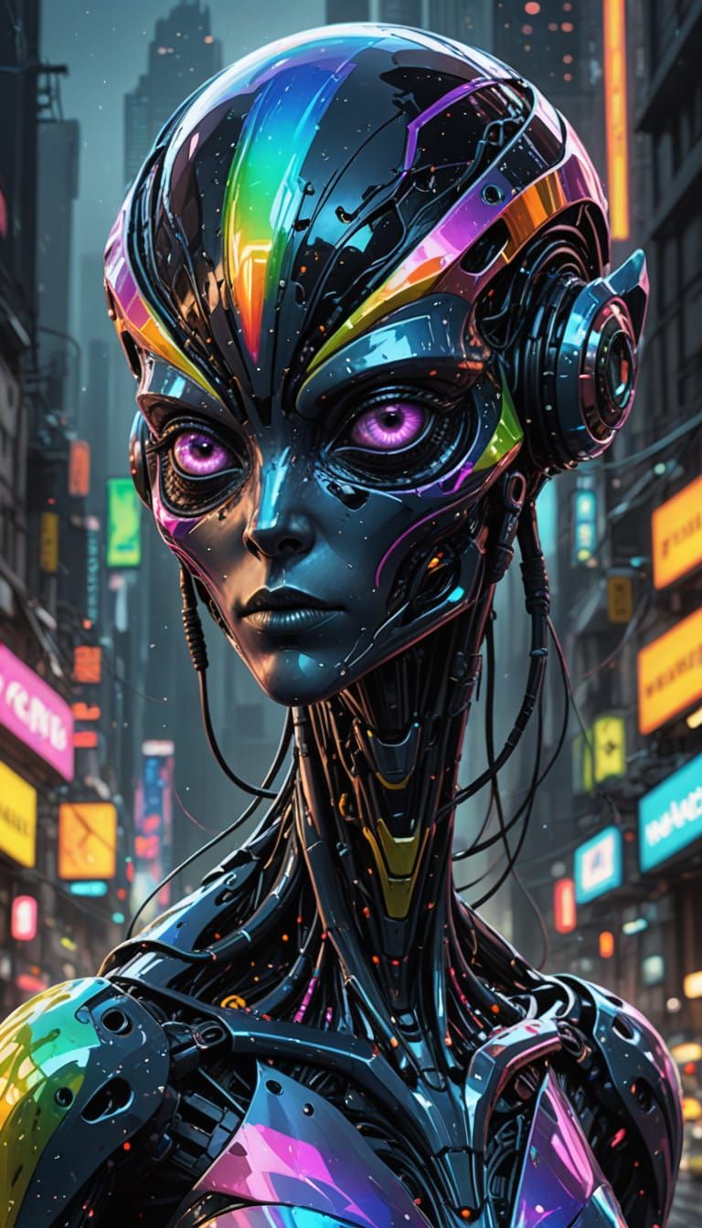 Resplendent alien walking the streets of New York at night