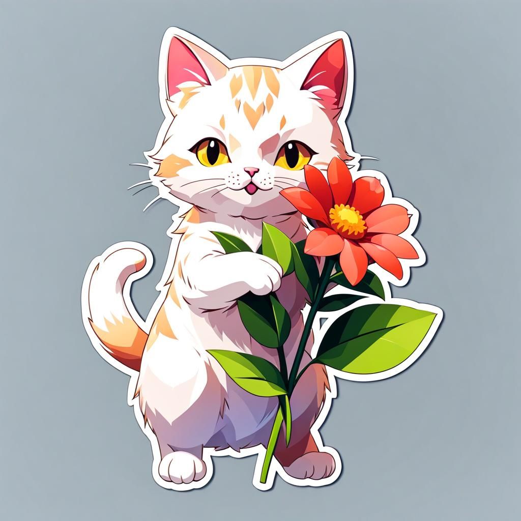 Low Poly Cat Sticker with Flower