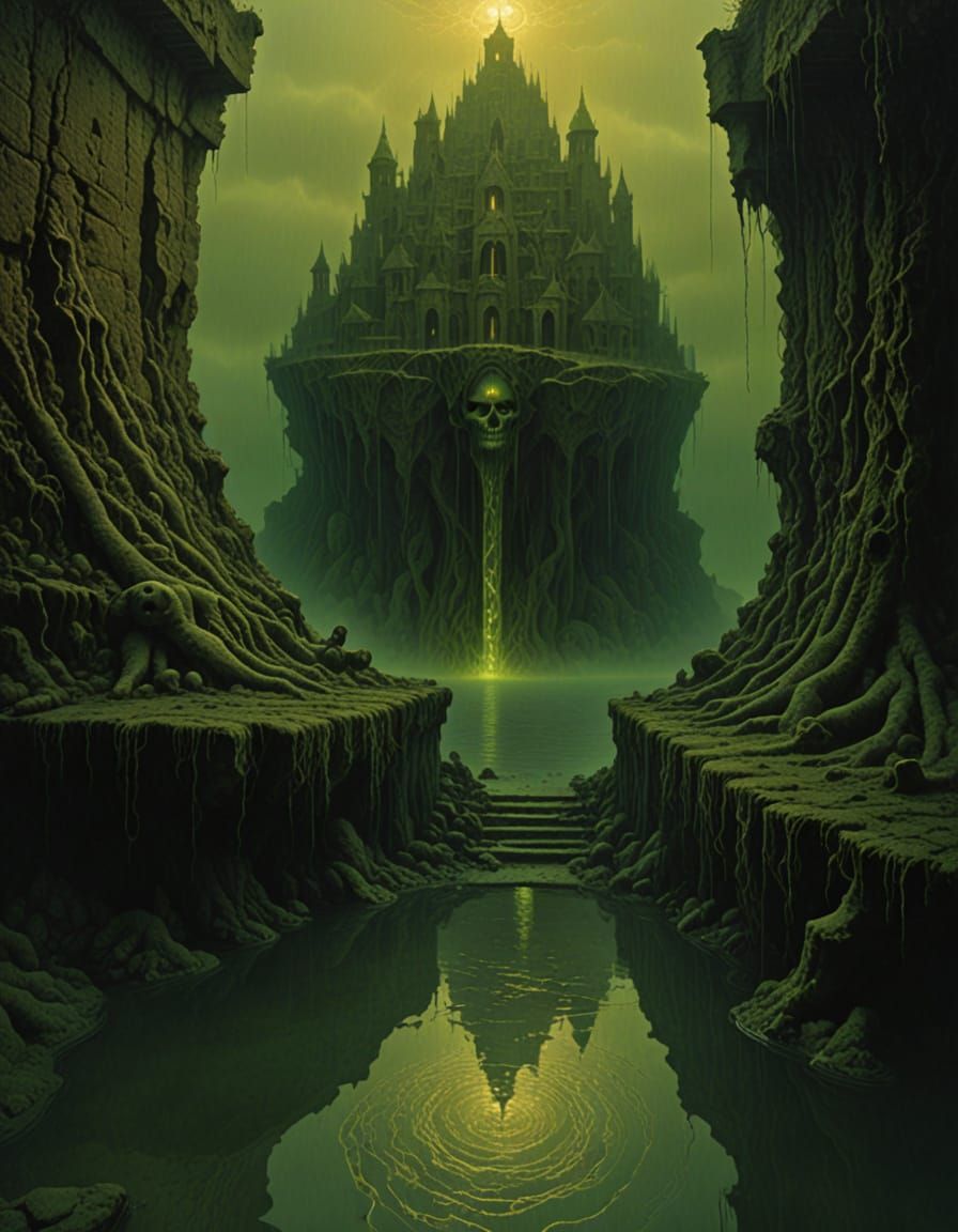 Eerie Green Light on Submerged Wall with Fiery Inscriptions