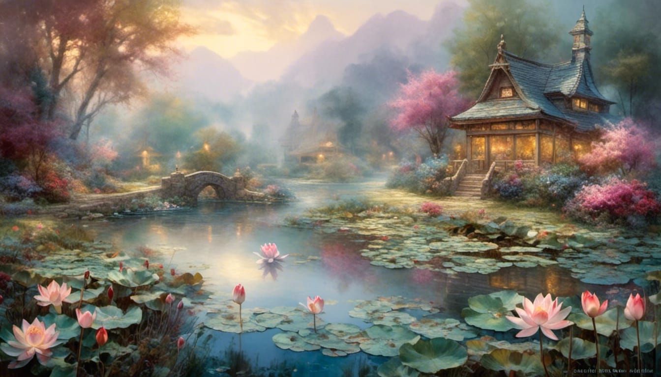 Lotus Pond in Watercolor with Ethereal Lighting