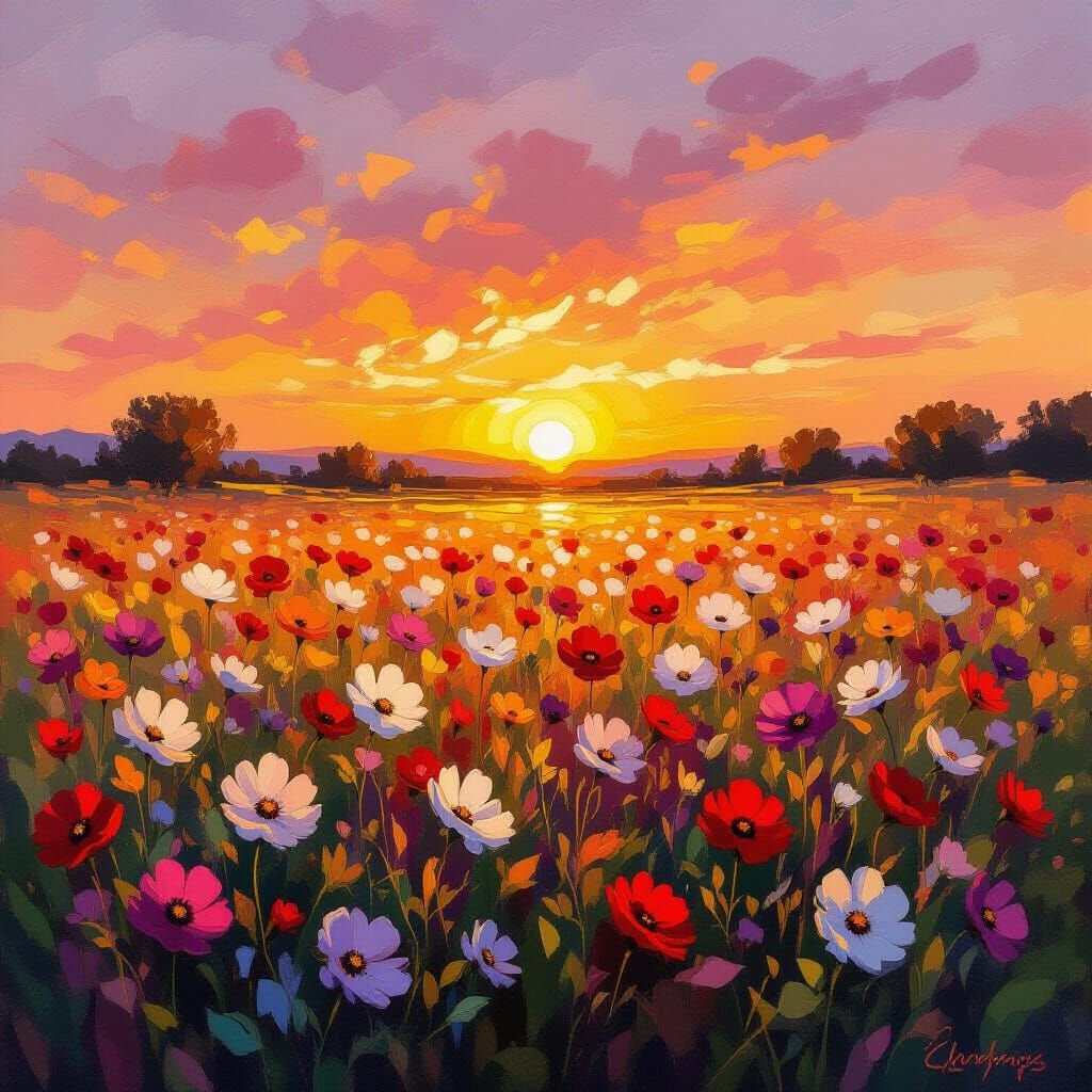 Impressionistic Oil Painting of Cosmos Field at Sunset