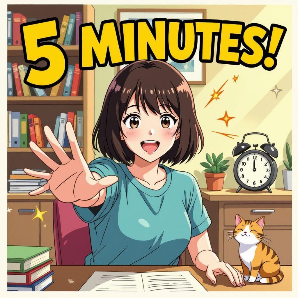 Anime Woman Insisting '5 Minutes' with Energetic Pose