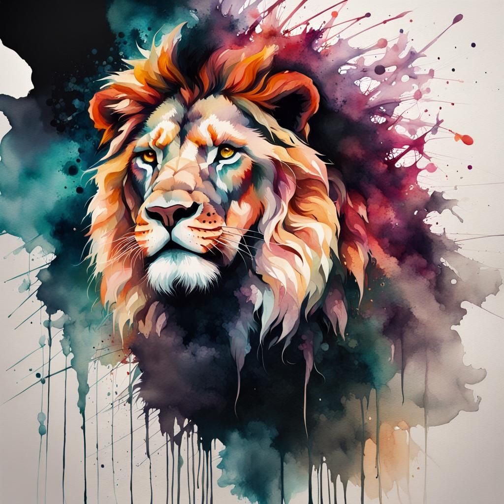 Lion Portrait in Dark Vibrant Watercolor Style