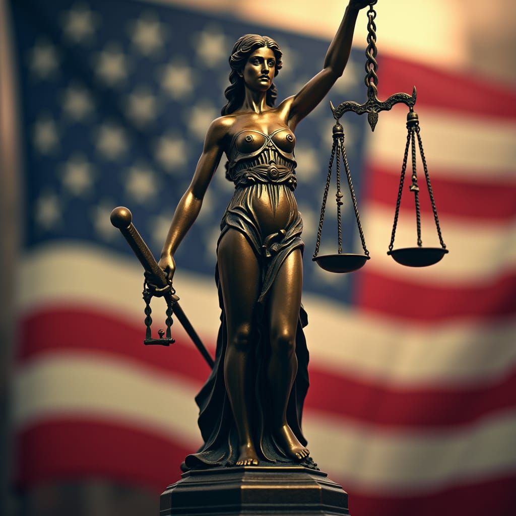 Justice Symbol with American Flag in Cinematic Style