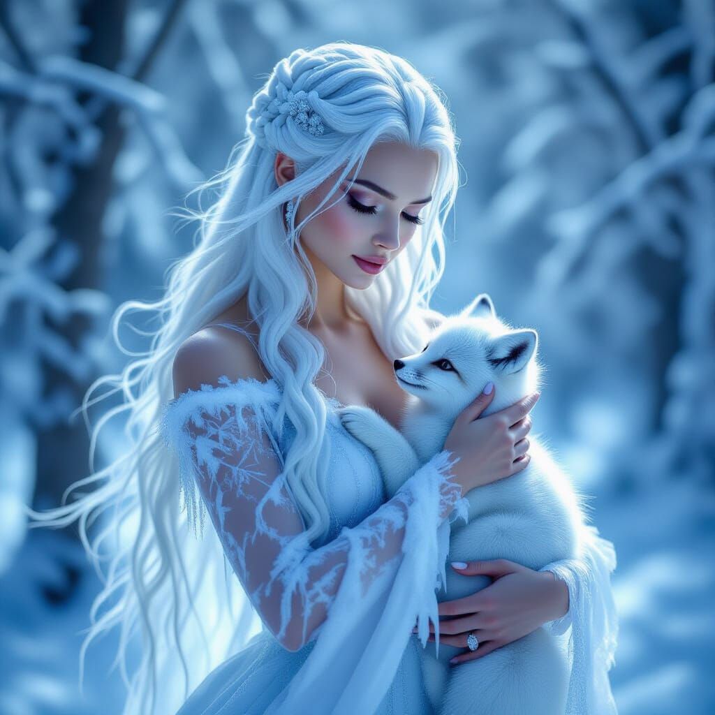 Majestic Ice Goddess in Winter Forest with Snow Fox