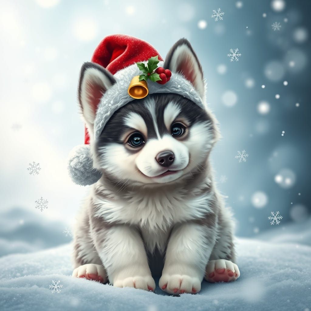 Whimsical Winter Husky in Red Christmas Hat