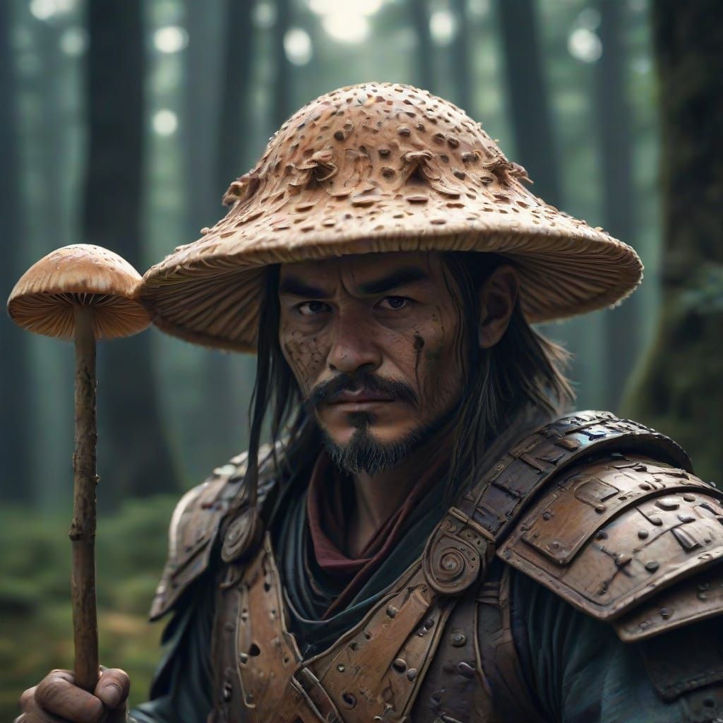 Hyperrealistic Samurai in a Mystical Mushroom Realm