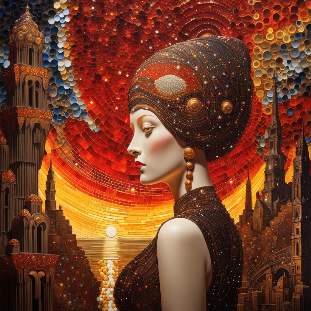 Luxury City Landscape with Girl in Glass Mosaic Style