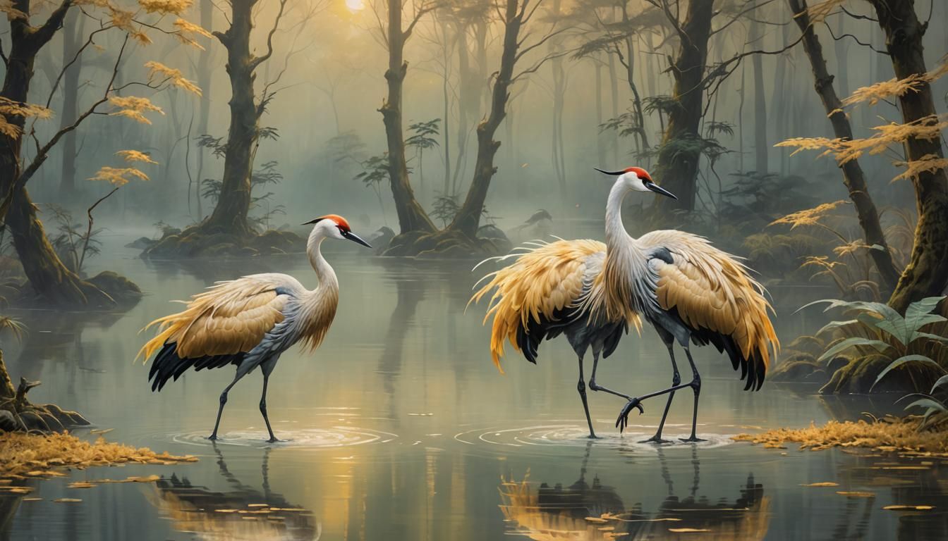 Golden Cranes in Mystical Japanese Forest