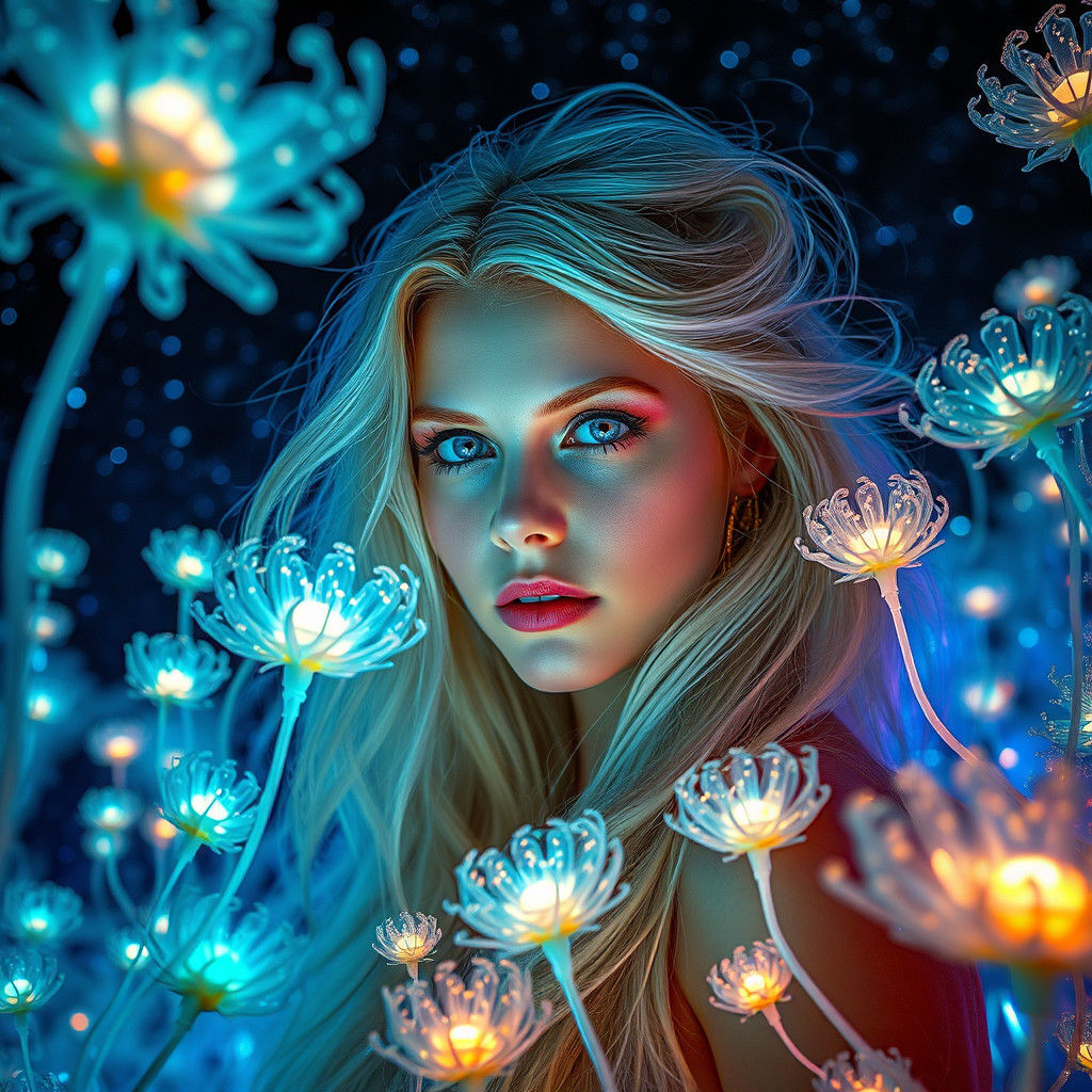 Bioluminescent Beauty Amidst Fractal Flora