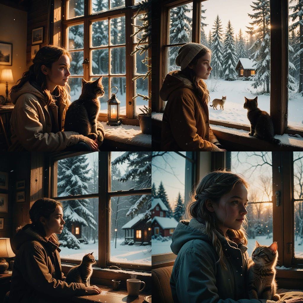 Joyful Girl and Kitten Cozy Up to Winter Wonderland