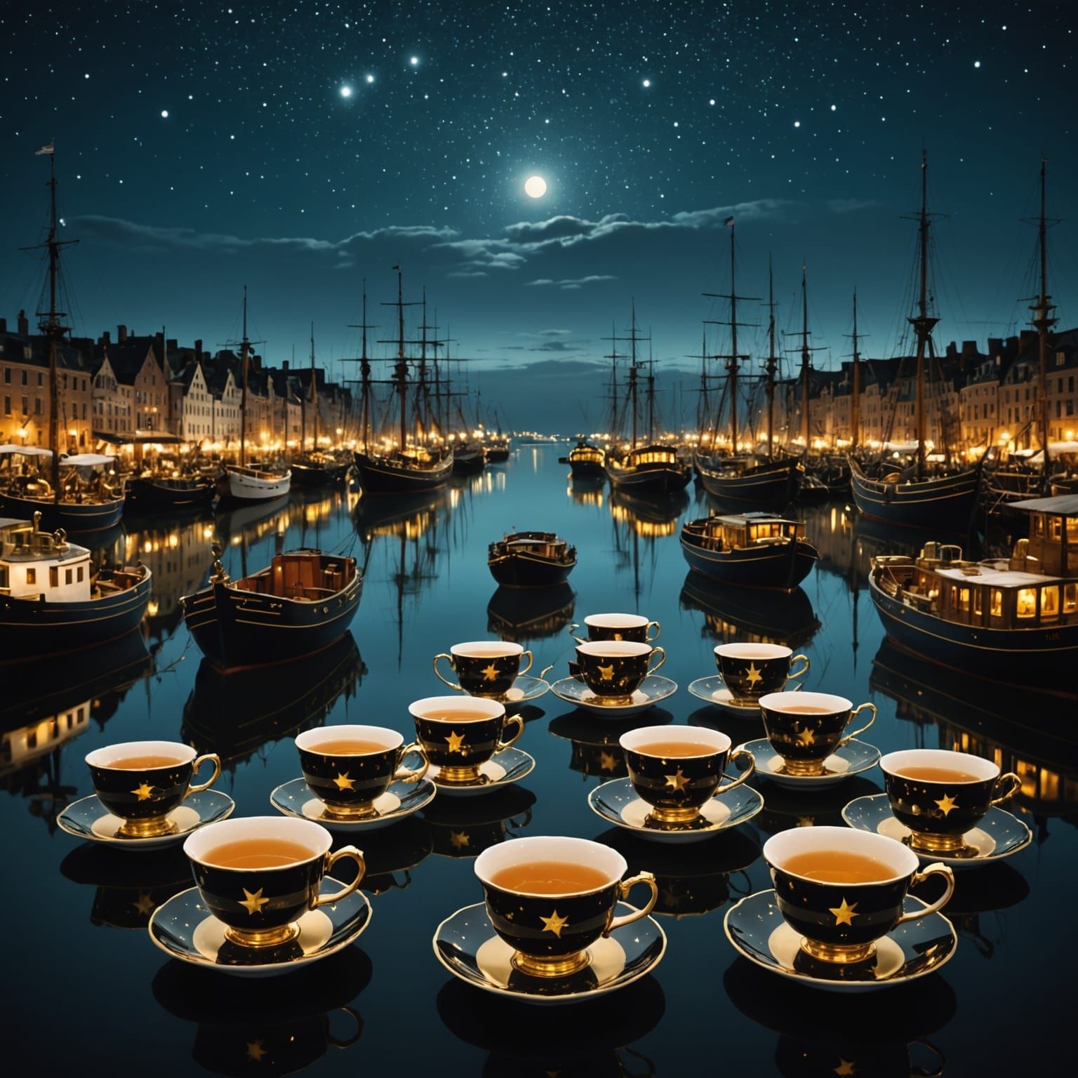 Surreal Harbor with Giant Floating Teacups at Night