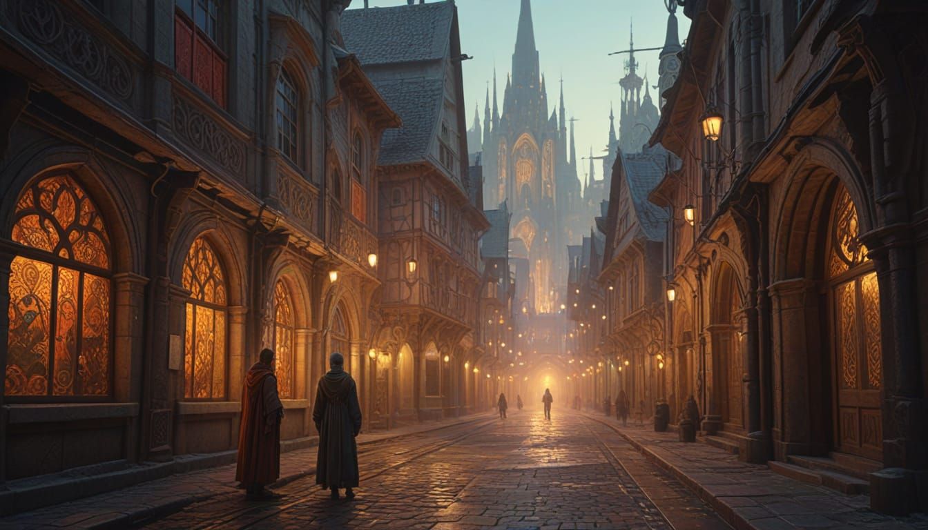 Mystical Metropolis Street Scene in Fantasy Style