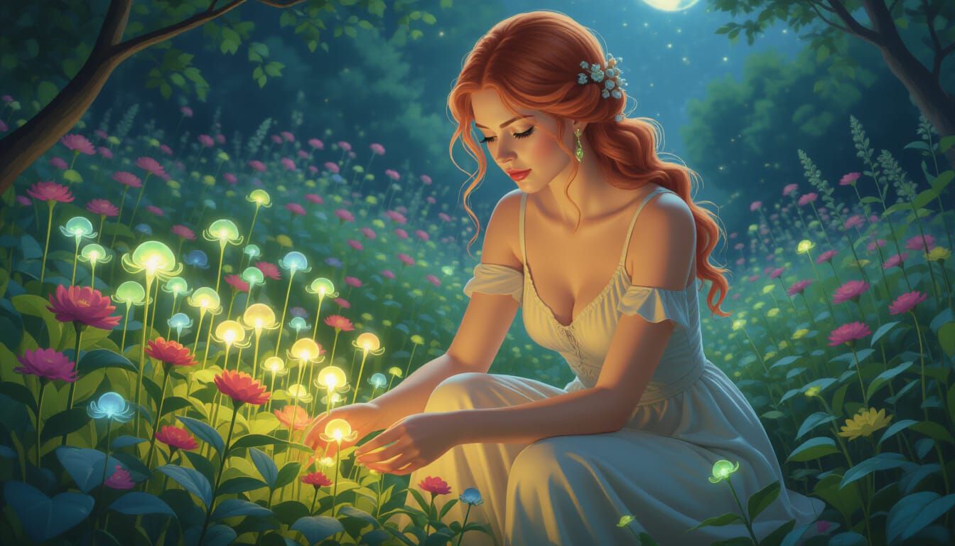 Mystical Gardener with Bioluminescent Blooms