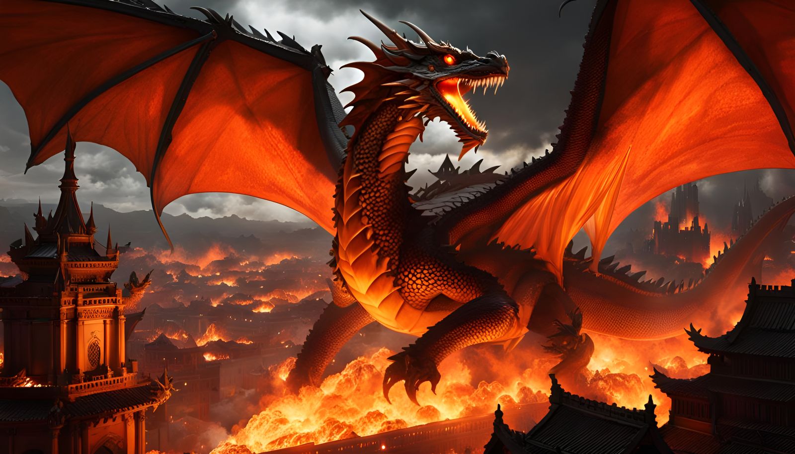 Fiery Dragon Ascends Over Burning City