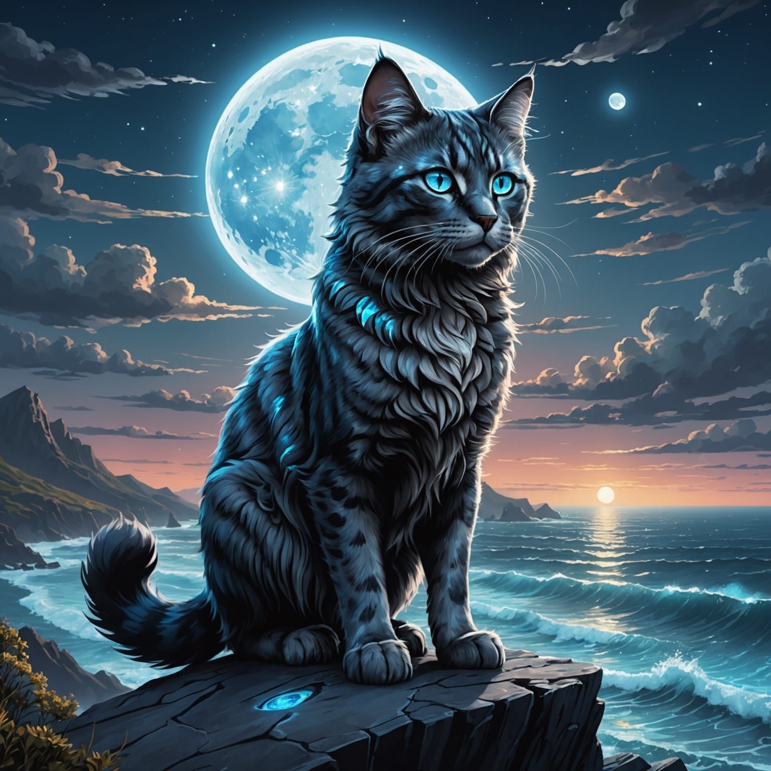Warrior Cat with Bioluminescent Ocean View